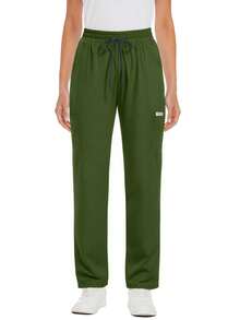 Women's Scrub Pants, Comfortable Pants, Solid Color Simple Multi-Pocket Contrast Tape Loose Pants - Green - View 4