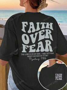 180g Faith Over Fear Christian Graphic-Shirt |   Women's Casual Vacation Bible Verse Tee |   Summer Round Neck Short Sleeve Top Summer-Shirt Women Casual Loose Top Letter Print Tee - 黑色 - 查看 8