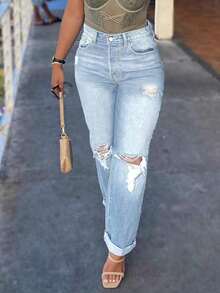 Womens Jeans,Jeans>Low Rise,Loose-Fitting Straight-Leg Casual Trousers Jeans, Hole Stretchy Solid Color Pans, Slimming And Cute Outfit,Wide Leg Jeans Woman, Slimming And Cute Outfit,Jeans Peteite,Stylish And Elegant, Suitable For Western Women, Outdoor Wear, Street Style, New Year's, Y2K Clothes,Christmas, Vacations, Holidays, Parties, Nightclubs,Thanksgiving, Clubs, Country Music Concerts, And Autumn Wear. - 淺色水洗藍 - 查看 3