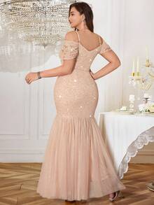Plus Size Off-Shoulder Sequin Floral Lace Contrast Mesh Ruffle Mermaid Long Evening Gown, Suitable For Wedding Guest, Graduation, Holiday, Homecoming - Champagne - View 2