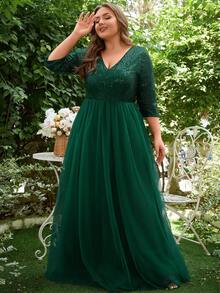 Vestido formal de gala de talla grande para mujer, con lentejuelas y corte evasé - Verde Oscuro - Ver 8