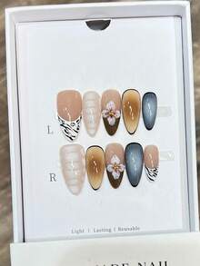 10 piezas/paquete, uñas largas y delgadas con punta estilo europeo y americano, uñas postizas con diseño de talla floral tropical 3D, patrón hexagonal degradado pintado a mano, uñas elegantes y lujosas hechas a mano, adecuadas para mujeres y niñas, estilo Y2K y Insta, arte de uñas elegante y lujoso, adecuado para mujeres y niñas, suministros de uñas