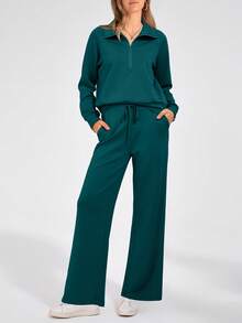 Women's 2 Piece Outfits Casual Lapel Half Zip Sweatshirts And Wide Leg Pants Tracksuit Sets - 藍綠色 - 查看 5