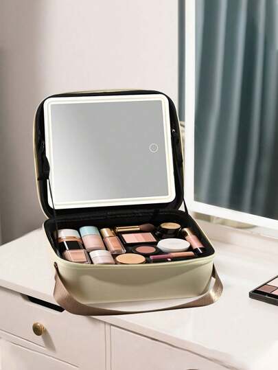 1pc Leather Makeup Bag With Mirror & Lights, Large Capacity Travel Makeup Case, Convenient For Shopping And Travel, Leakproof, Suitable As A Gift