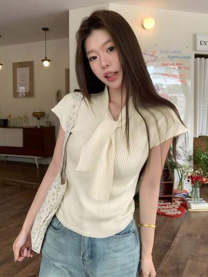 Áo len dệt kim tay ngắn cổ chữ V buộc dây cho nữ, áo thường ngày mùa hè ngọt ngào