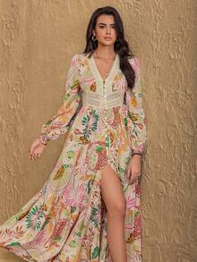 Rusttydustty Women Plus Size Bohemian Floral Lace Long Sleeve Leisure Dress Music Festival Beach Vacation Pink Spring Elegant - Pink - View 7