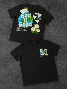 Camiseta de manga corta con cuello redondo y estampado de letras y corazones para hombres Noixe, moda de verano para hombres, estampado suelto - Negro - Ver 4