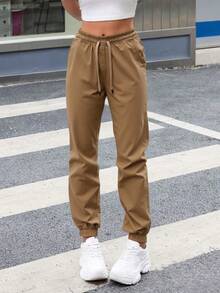 Dama Mujer Joven Juvenil Jeans Jogger Deportivo fresco ligero ajustable corte cómodo informal casual Cintas cintura Elástico tobillos Bolsas  Casual  Fiesta    Satén    Cordón    Diario    Todas las temporadas - Café integral - Ver 3