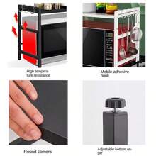 Microwave Holder With Hooks, Microwave Shelf, Two-Tier Design, Made Of Reinforced Carbon Steel, Non-Slip, Anti-Tip, Extendable, Height-Adjustable, White/Black - 黑色 - 查看 5