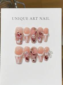 10 件超甜美女孩！超长法式美甲贴，白色蕾丝边，搭配大方糖水钻和粉色闪粉，可重复使用的手工指甲套，包含迷你指甲锉，适合作为送给朋友或派对的礼物，按压式指甲美甲用品 - 淺粉色 - 查看 6