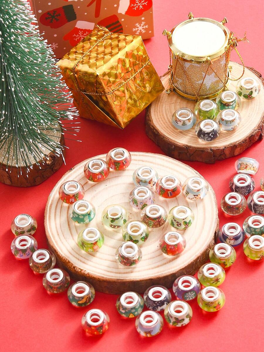 20/50pcs Christmas-Themed Resin Beads Set - 14mm Large Hole Spacer Beads For DIY Jewelry Making, Assorted Festive Patterns, Ideal For Bracelets & Necklaces, Craft Supplies,Random