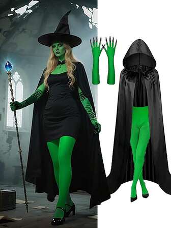 3PCS Halloween Witch Theme Costume - Includes A Hooded Cloak, Green Claw-Shaped Gloves And A Green Tight Pants Set. Suitable For Various Large-Scale Role-Playing Events Or Festival Celebrations, Costumes Parties, Role-Playing Activities, Movie Nights, Halloweens Parties, Etc. Suitable For Girls And Ladies To Wear.