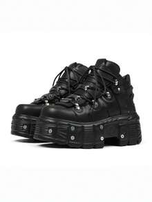 Women's Platform Sneakers With Lace-Up Round Toe Rock Punk Style Casual Shoes Y2K Gothic Yhick-Soled Ankle Boots - 黑色 - 查看 3