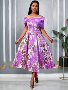 Váy dạ hội AOMEI thanh lịch dành cho nữ, vải jacquard hoa, trễ vai, không dây, xếp ly, dáng chữ A, màu tím - Màu tím - Xem 3