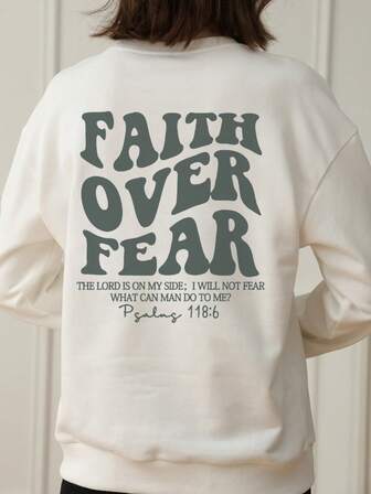 女士秋冬 FAITH OVER FEAR 口号图案长袖圆领运动衫，休闲宽松百搭假日风格上衣，时尚秋季女装，适合日常穿着