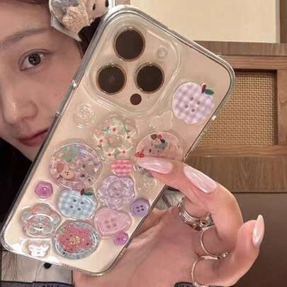 可爱3D纽扣格子透明环氧树脂软手机壳，适用于16/15/14/13 Pro Max/17/17 Pro/17 Pro Max，时尚可爱少女防震后盖