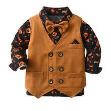 Completo da gentiluomo per bambini in età prescolare, set da 3 pezzi comprendente gilet, camicia stampata e pantaloni, abbigliamento per feste autunnali/invernali e vacanze