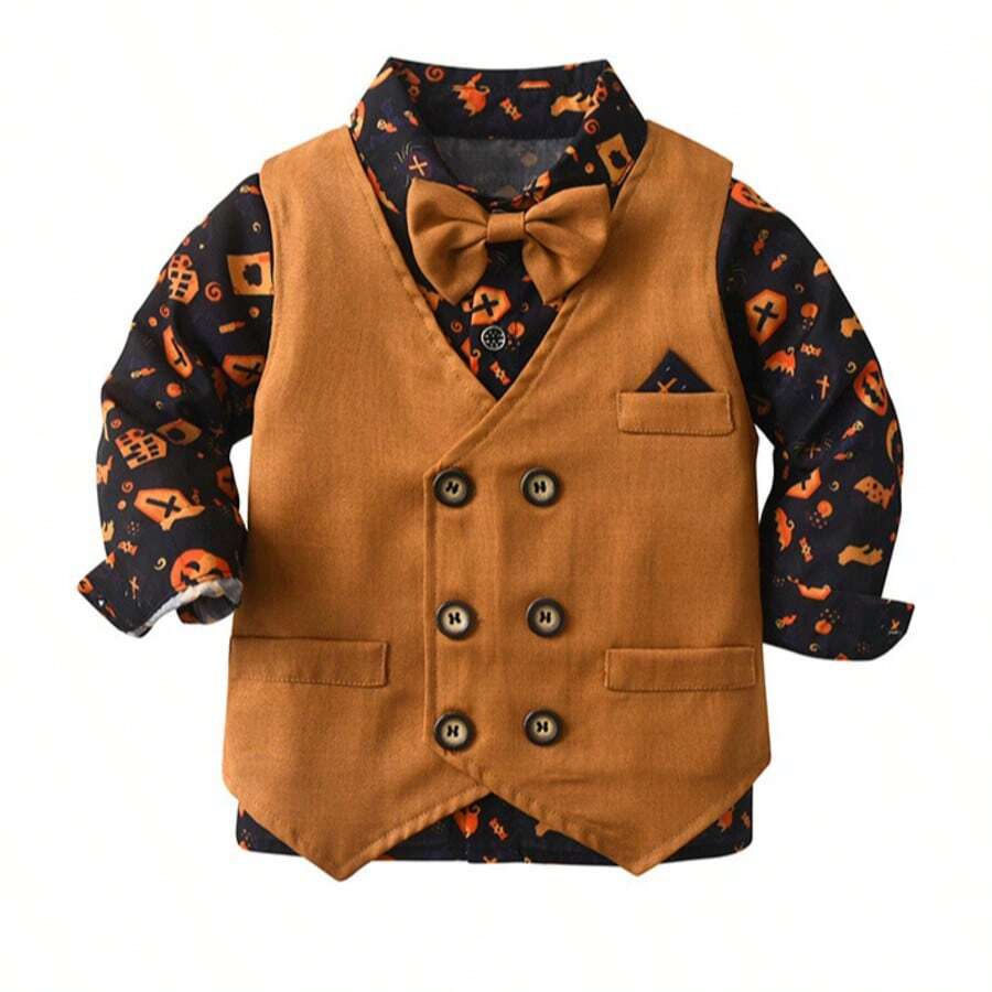 Completo da gentiluomo per bambini in età prescolare, set da 3 pezzi comprendente gilet, camicia stampata e pantaloni, abbigliamento per feste autunnali/invernali e vacanze