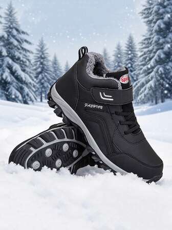 Stivali da neve da uomo, stivali da equitazione in pelle alla moda, imbottitura termica monocromatica minimalista calda e confortevole, scarpe sportive da uomo per esterni, stivali invernali da uomo con chiusura a strappo facile da indossare e togliere, stivali alla caviglia da uomo, adatti per attività all'aperto in autunno e inverno