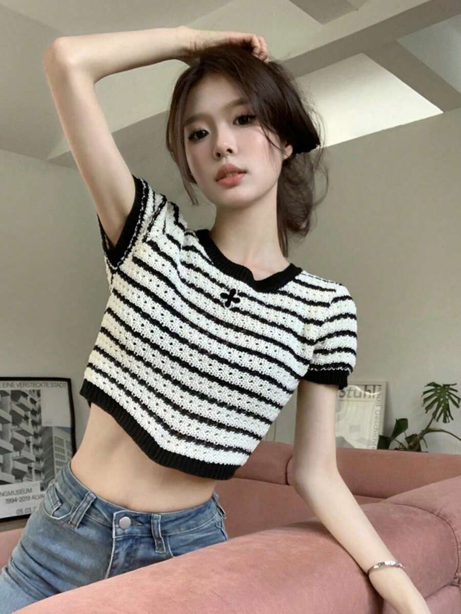 女式撞色条纹圆领插肩针织打底 T 恤，全新夏季百搭上衣 - 黑與白 - 查看 1