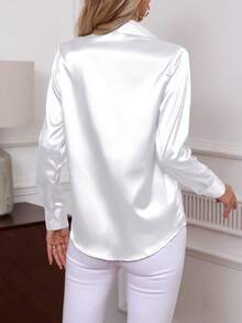 Women Elegant Turndown Collar Front Button Faux Silk Satin Long Sleeve Blouse, Solid Color, Suitable For Daily Commuting - trắng - Xem 2