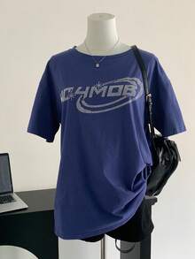 Kaos Wanita Longgar dengan Motif Huruf Rhinestone dan Bahu Jatuh, Kasual Musim Panas - Navy Blue - View 7