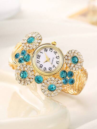 1pc Women's Gold Bracelet Watch With Heart-Shaped Dial And Rhinestone Decor, Casual & Fashionable Quartz Watch