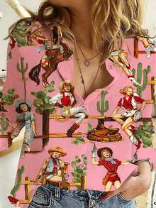 Blusa de manga larga con botones y cuello, estampado de dibujos animados, estilo occidental, talla grande, ligeramente elástica, perfecta para uso casual y de vacaciones, top de primavera y verano. Color: Rosa - Rosa - Ver 5