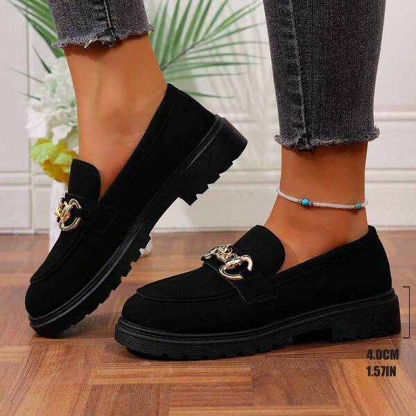 Damen Lässig Rundkopf Loafer, modisch mit Ketten-Dekor und abgenutzter Optik, rutschfeste Gummisohle, Slip-On Collegestadt/Landstil Schuhe, bequem für alle Jahreszeiten, Stofffutter