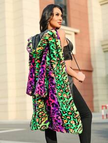 FHILLINUO Women's Colorful Leopard Print Faux Fur Hooded Knee-Length Jacket With Pockets, Long Sleeve, Regular Fit, Non-Stretch - 彩色 - 查看 4