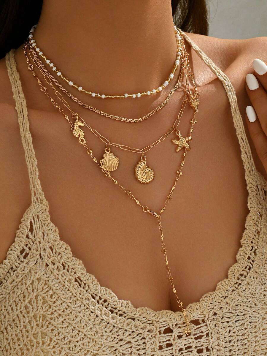 4 件套波西米亚风格时尚百搭串珠项链，配有手工制作的各种海洋生物吊坠，女士多层 Y 形长项链，适合日常佩戴、度假、约会、派对 - 彩色 - 查看 1