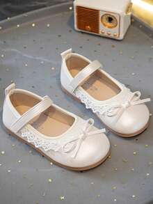 (Nuevo estilo de otoño) 1 par de zapatos de princesa dulce para niñas con decoración de lazo de encaje, suela antideslizante y punta redonda con hebilla, tacón plano, perfectos para niñas de las flores en bodas y fiestas de cumpleaños