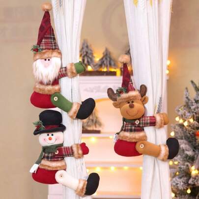 1 pieza Hebilla de cortina a cuadros retro navideña, Sujetador de cortina con muñeco de nieve y reno anciano, Decoración navideña para atar cortinas y decorar ventanas