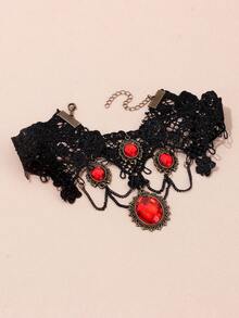 Bộ 4 vòng cổ choker và khuyên tai dạng thả phong cách Gothic cổ điển, đính ren đen và đá đỏ, phụ kiện thời trang hóa trang Halloween cho nữ - Nhiều màu - Xem 5