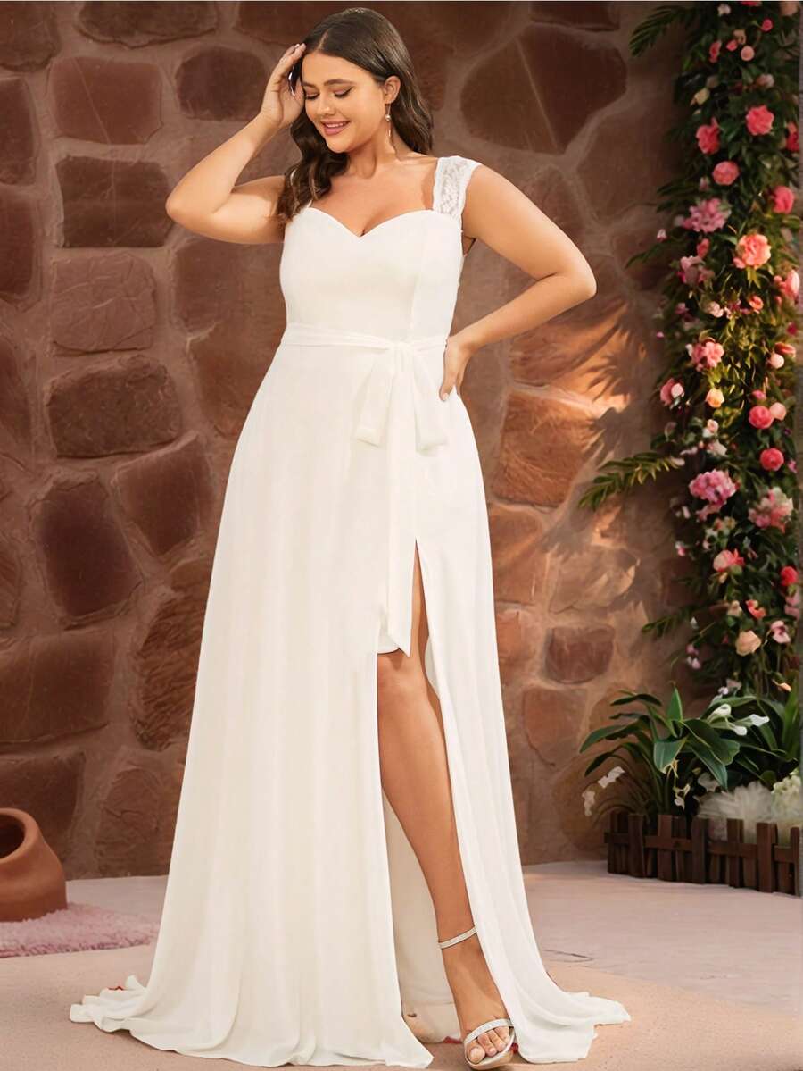 Plus Size Women's Chiffon Bridesmaid Dress With Thigh Slit - White - View 1