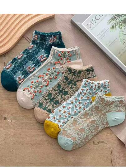 5双装欧美复古薄款袜子混搭压花宫廷风韩版日系船袜夏季