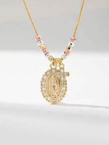 1 件手工铜串珠电镀三色瓜达卢佩圣母玛利亚十字架吊坠项链，适合作为送给恋人、朋友、日常和节日佩戴、祈祷的礼物 - 金黃色 - 查看 9