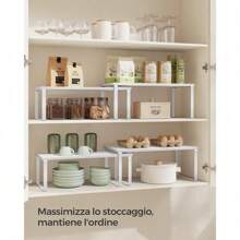 Spice Rack, Set Of 2, Expandable Kitchen Organizer, Stackable Kitchen Shelf, Metal And Wood Material, Cloud White