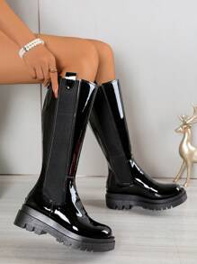 欧美风女式圆头小腿长靴过膝马靴厚底舒适时尚大码弹力靴