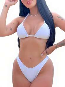 Ribbed Bikini Set, Triangle Top, Delta Wing Panties, Women's Summer, Without Pads, Beach - trắng - Xem 1