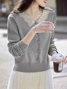 Women's V-Neck Long Sleeve Lace Trim Slim Fit Pullover Sweater