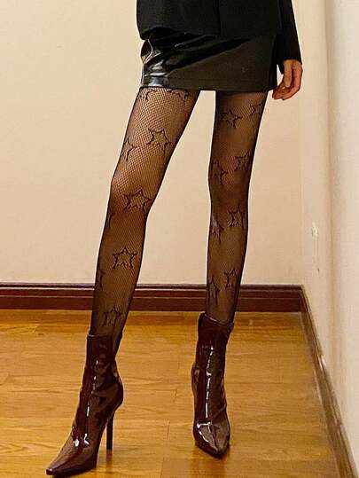 1 par de medias de red con detalles de estrella de pentágono negro, sexy y versátil para primavera y otoño