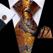 Gold And Blue Paisley Necktie Mens Tie  Handkerchief Cufflinks Set Wedding Formal - 金色 - 查看 2