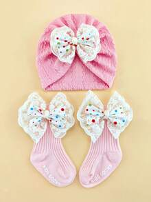 Conjunto de diadema, gorro y calcetines con estampado floral para bebé de 0 a 6 meses, gorro y calcetines para recién nacido, para todas las estaciones - Multicolor - Ver 2