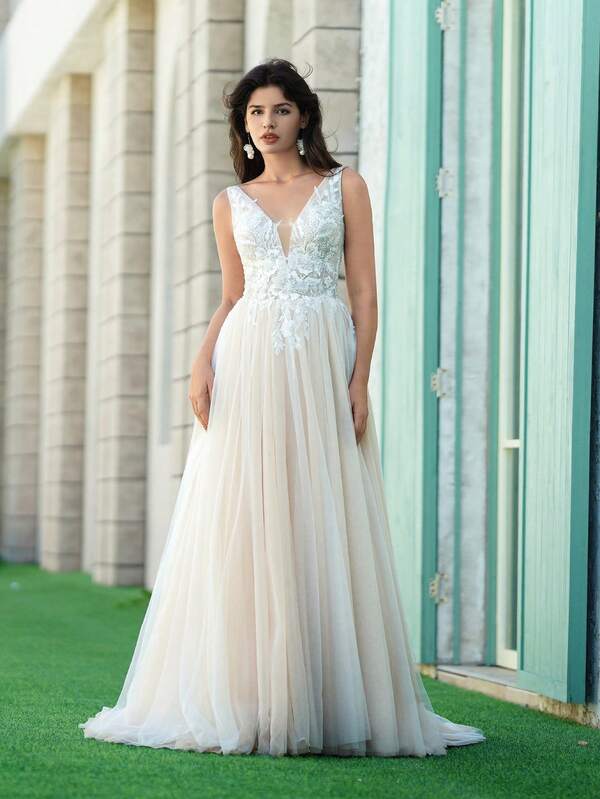 ANGELAG Vestido de noiva elegante com apliques de tule e patchwork para noiva, vestido de baile