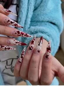 24 piezas de uñas postizas de estilo especial con diseño de manchas de sangre, superficie brillante y diseño de cobertura completa, uñas falsas de estilo stiletto largas de color nude para mujeres y niñas para usar en Halloween - Rojo - Ver 2