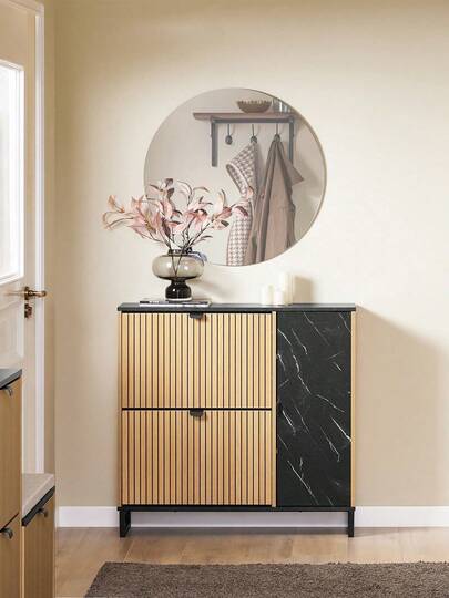 SoBuy Narrow Shoe Cabinet, Space-Saving Shoe Rack With Flaps For Hallway & Dresser, Modern Design, For 8-12 Pairs Of Shoes, Up To 30 Kg, Black/Light Wood, FSR202-N