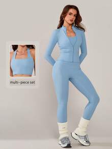 NcmRyu 3件套女士舒适休闲修身纯色立领拉链塑形提拉紧身露脐户外健身跑步瑜伽长袖上衣、紧身裤和运动文胸套装 - 淺藍色 - 查看 6