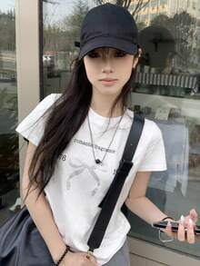 2025 Spring/Summer White Bow Cotton Short Sleeve T-Shirt - White - View 4
