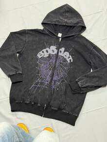 Men's Washed Black Hip-Hop Spider Web Pattern Letter Print Harajuku Retro Hooded Long-Sleeved Street Style Top - 黑色 - 查看 1